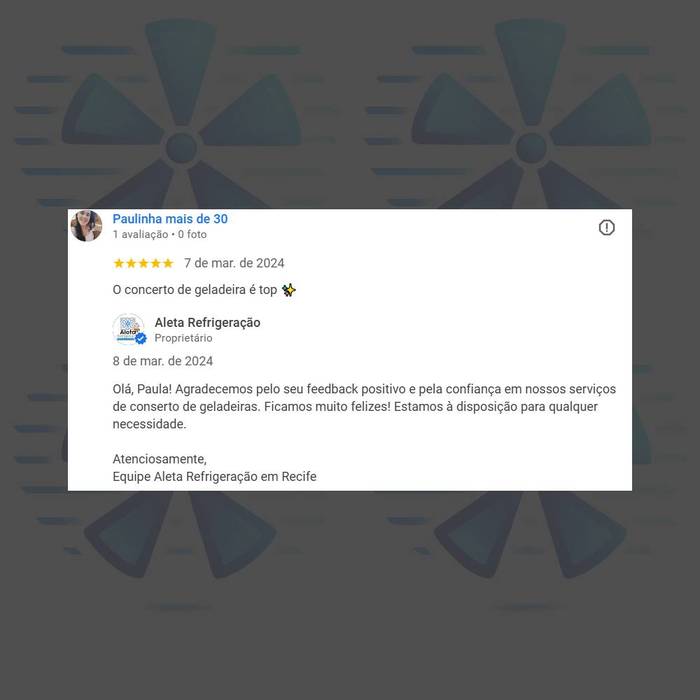 Avaliação 5 estrelas — conserto de geladeira em Recife
