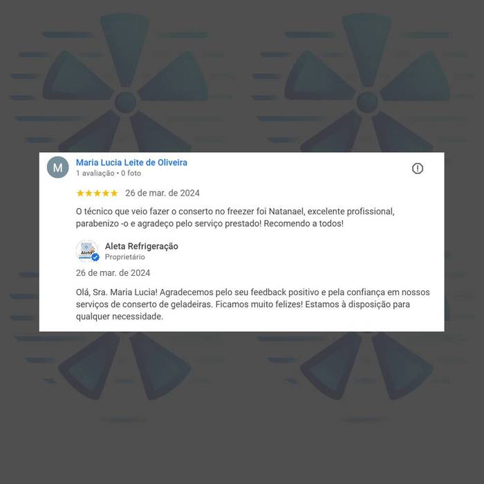 Avaliação 5 estrelas — conserto de freezer em Recife